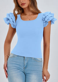 PRETTYGARDEN Women's Ruffle Short Sleeve Shirts Summer Casual Basic Tee Cute Fitted Crew Neck Fashion Tops Clothes