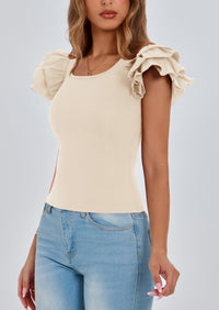 PRETTYGARDEN Women's Ruffle Short Sleeve Shirts Summer Casual Basic Tee Cute Fitted Crew Neck Fashion Tops Clothes