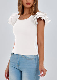 PRETTYGARDEN Women's Ruffle Short Sleeve Shirts Summer Casual Basic Tee Cute Fitted Crew Neck Fashion Tops Clothes