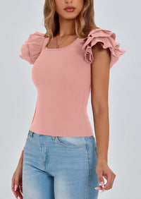 PRETTYGARDEN Women's Ruffle Short Sleeve Shirts Summer Casual Basic Tee Cute Fitted Crew Neck Fashion Tops Clothes