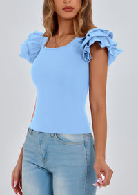 PRETTYGARDEN Women's Ruffle Short Sleeve Shirts Summer Casual Basic Tee Cute Fitted Crew Neck Fashion Tops Clothes