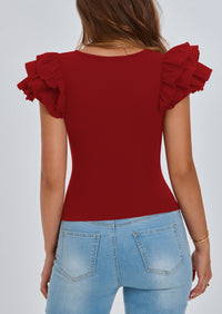 PRETTYGARDEN Women's Ruffle Short Sleeve Shirts Summer Casual Basic Tee Cute Fitted Crew Neck Fashion Tops Clothes