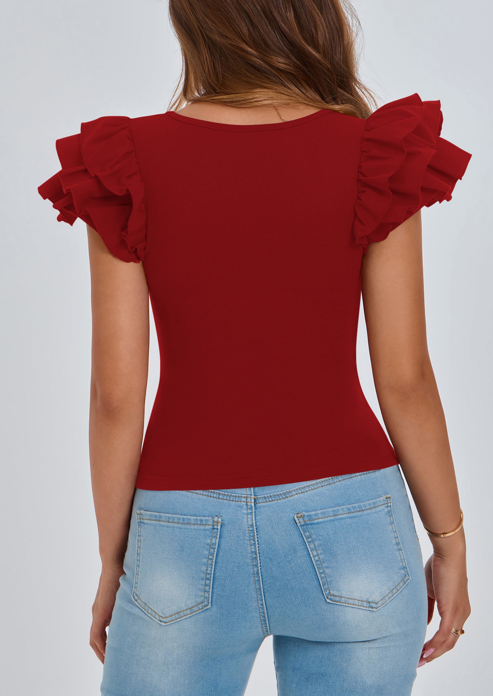 PRETTYGARDEN Women's Ruffle Short Sleeve Shirts Summer Casual Basic Tee Cute Fitted Crew Neck Fashion Tops Clothes