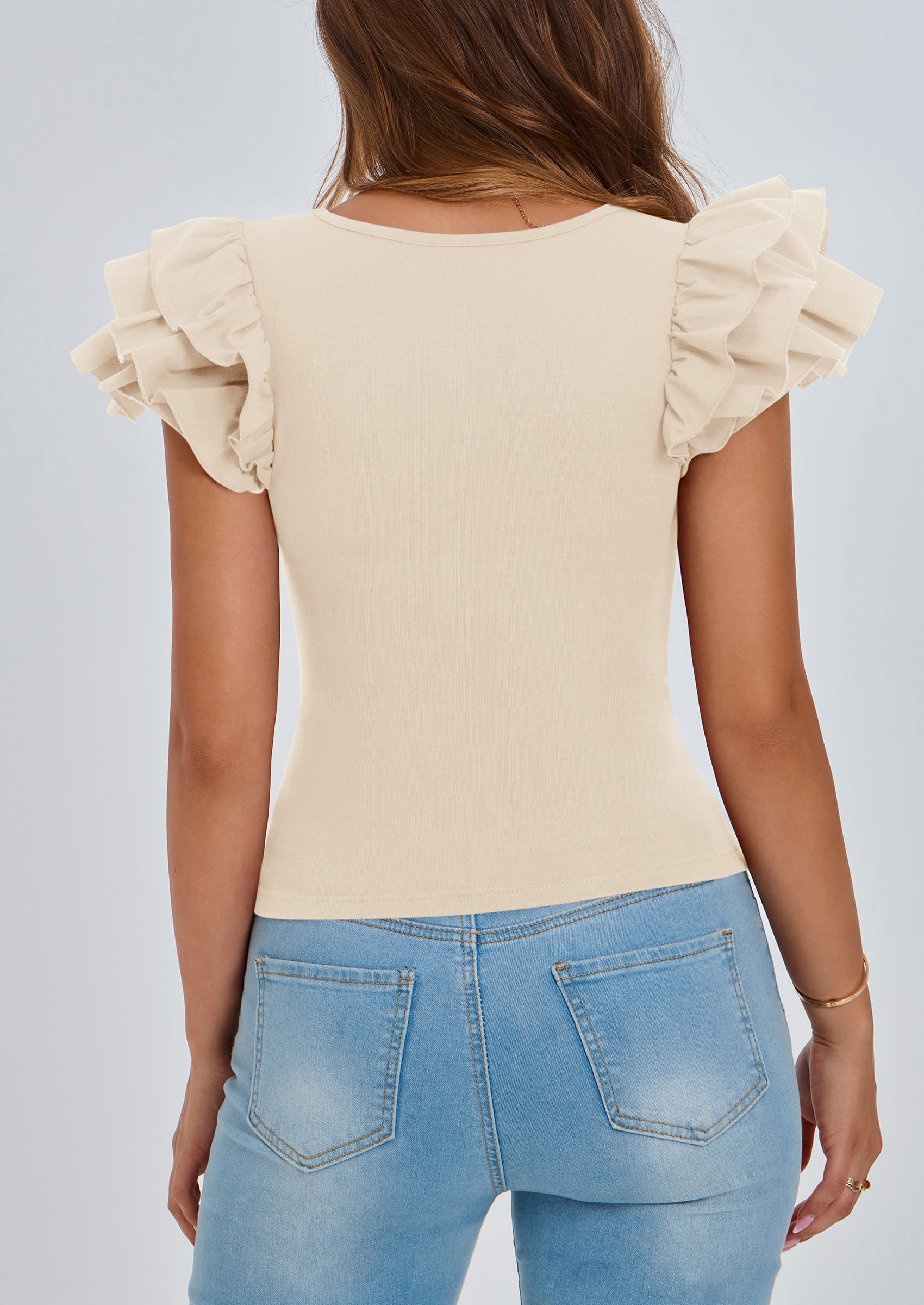 PRETTYGARDEN Women's Ruffle Short Sleeve Shirts Summer Casual Basic Tee Cute Fitted Crew Neck Fashion Tops Clothes