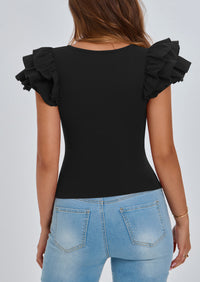 PRETTYGARDEN Women's Ruffle Short Sleeve Shirts Summer Casual Basic Tee Cute Fitted Crew Neck Fashion Tops Clothes