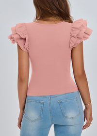 PRETTYGARDEN Women's Ruffle Short Sleeve Shirts Summer Casual Basic Tee Cute Fitted Crew Neck Fashion Tops Clothes