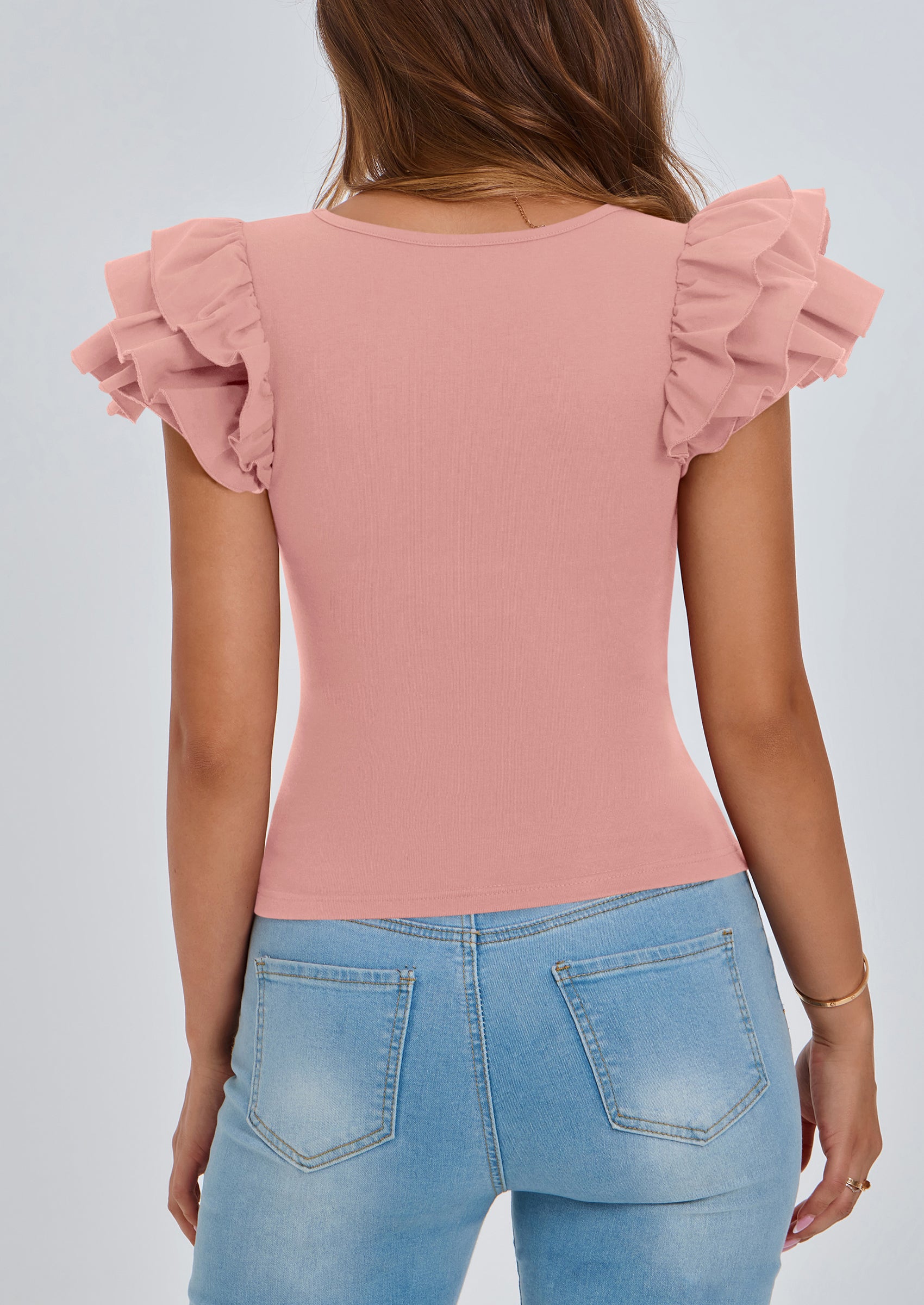 PRETTYGARDEN Women's Ruffle Short Sleeve Shirts Summer Casual Basic Tee Cute Fitted Crew Neck Fashion Tops Clothes