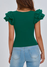 PRETTYGARDEN Women's Ruffle Short Sleeve Shirts Summer Casual Basic Tee Cute Fitted Crew Neck Fashion Tops Clothes