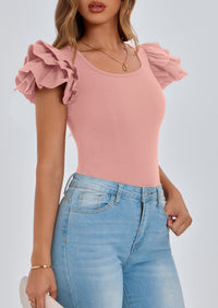 PRETTYGARDEN Women's Ruffle Short Sleeve Shirts Summer Casual Basic Tee Cute Fitted Crew Neck Fashion Tops Clothes