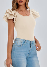 PRETTYGARDEN Women's Ruffle Short Sleeve Shirts Summer Casual Basic Tee Cute Fitted Crew Neck Fashion Tops Clothes