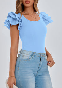 PRETTYGARDEN Women's Ruffle Short Sleeve Shirts Summer Casual Basic Tee Cute Fitted Crew Neck Fashion Tops Clothes