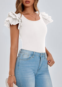 PRETTYGARDEN Women's Ruffle Short Sleeve Shirts Summer Casual Basic Tee Cute Fitted Crew Neck Fashion Tops Clothes