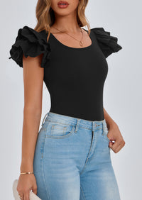 PRETTYGARDEN Women's Ruffle Short Sleeve Shirts Summer Casual Basic Tee Cute Fitted Crew Neck Fashion Tops Clothes