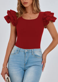 PRETTYGARDEN Women's Ruffle Short Sleeve Shirts Summer Casual Basic Tee Cute Fitted Crew Neck Fashion Tops Clothes