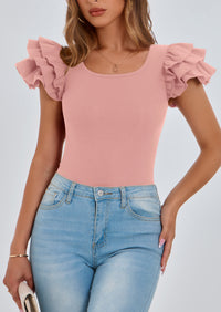 PRETTYGARDEN Women's Ruffle Short Sleeve Shirts Summer Casual Basic Tee Cute Fitted Crew Neck Fashion Tops Clothes