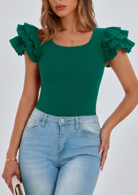 PRETTYGARDEN Women's Ruffle Short Sleeve Shirts Summer Casual Basic Tee Cute Fitted Crew Neck Fashion Tops Clothes