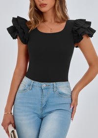 PRETTYGARDEN Women's Ruffle Short Sleeve Shirts Summer Casual Basic Tee Cute Fitted Crew Neck Fashion Tops Clothes