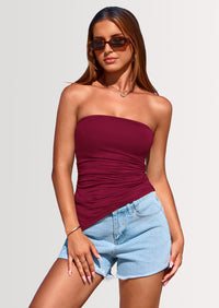 PRETTYGARDEN Womens Summer Tube Tops Trendy Strapless Ruched Going Out Tops Outfits Asymmetrical Bandeau Shirts