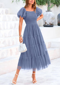 Women's Smocked Midi Tulle Dress 2025 Summer Puffy Short Sleeve Square Neck Ruffle Wedding Guest Party Dresses