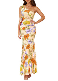 PRETTYGARDEN Womens Summer One Shoulder Maxi Dress Floral Sleeveless Bodycon Mesh Long Formal Wedding Guest Dresses PRETTYGARDEN