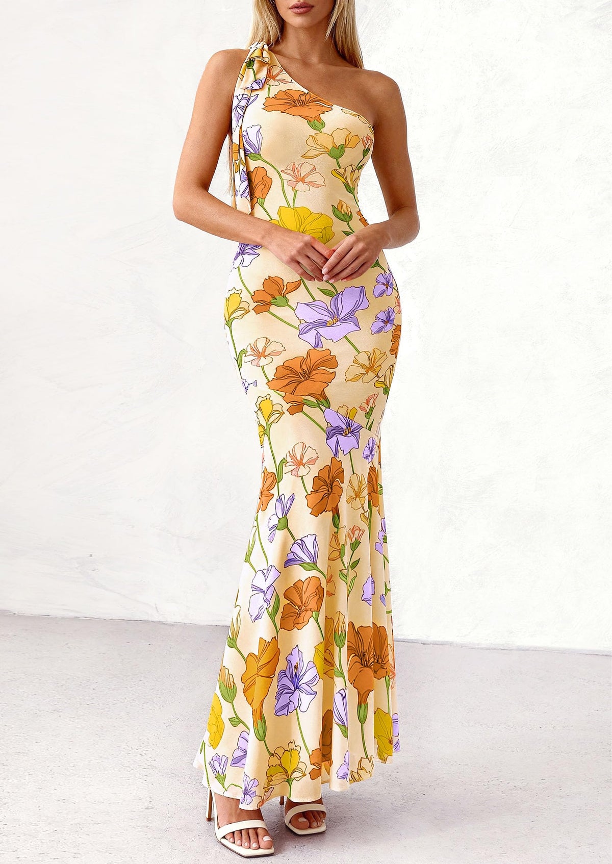 PRETTYGARDEN Womens Summer One Shoulder Maxi Dress Floral Sleeveless Bodycon Mesh Long Formal Wedding Guest Dresses PRETTYGARDEN