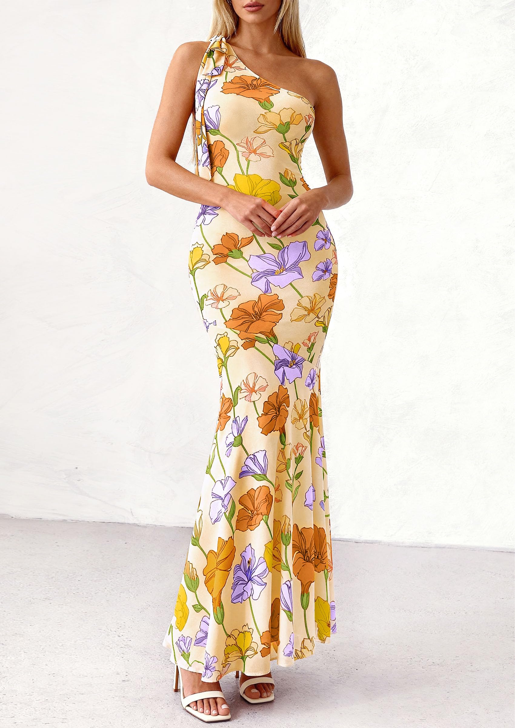 PRETTYGARDEN Womens Summer One Shoulder Maxi Dress Floral Sleeveless Bodycon Mesh Long Formal Wedding Guest Dresses PRETTYGARDEN