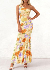 PRETTYGARDEN Womens Summer One Shoulder Maxi Dress Floral Sleeveless Bodycon Mesh Long Formal Wedding Guest Dresses PRETTYGARDEN