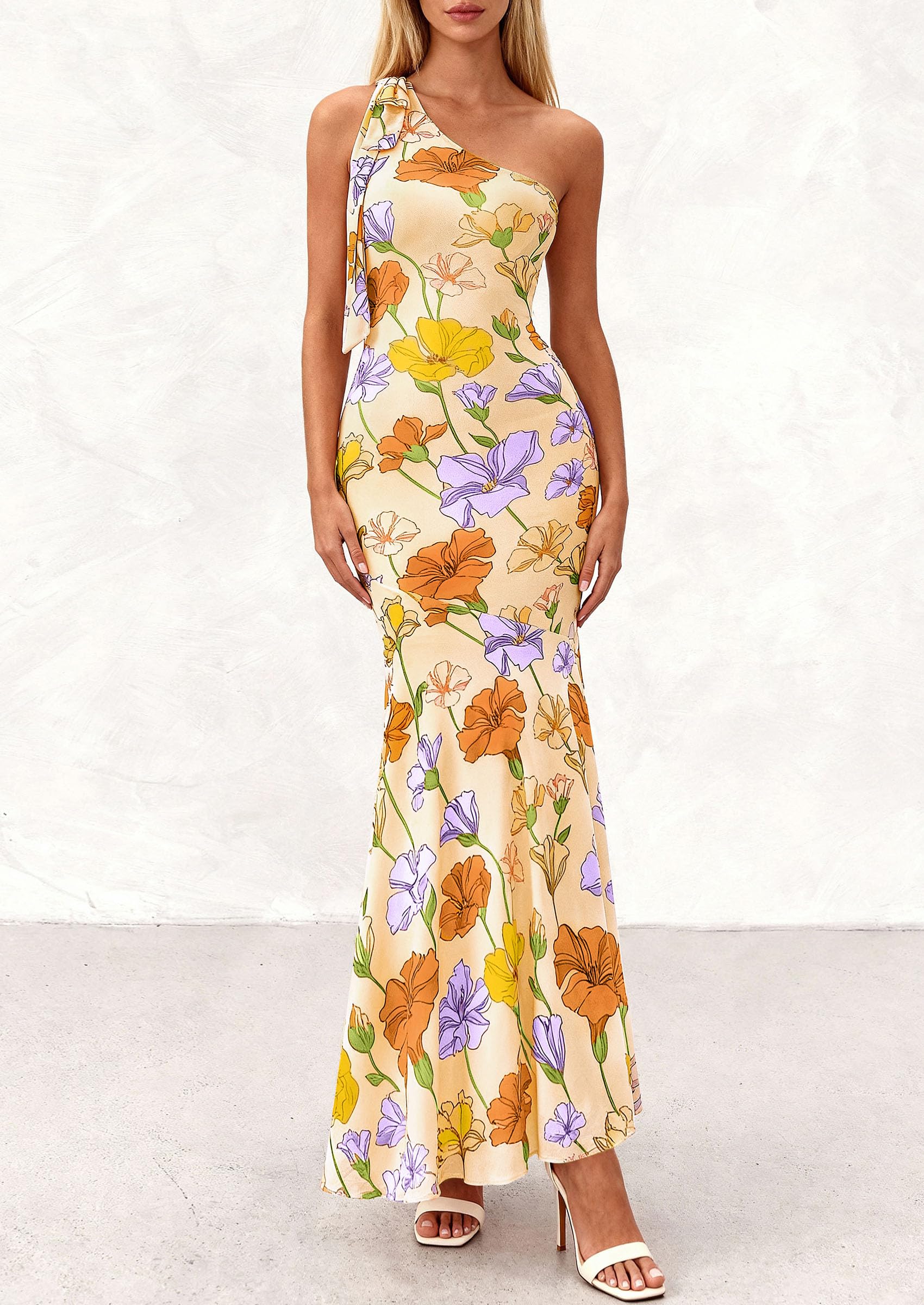 PRETTYGARDEN Womens Summer One Shoulder Maxi Dress Floral Sleeveless Bodycon Mesh Long Formal Wedding Guest Dresses PRETTYGARDEN