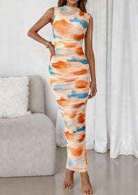 PRETTYGARDEN Women's Summer Maxi Floral Dresses Ruched Bodycon Sleeveless Mesh Formal Wedding Guest Cocktail Split Long Dress PRETTYGARDEN