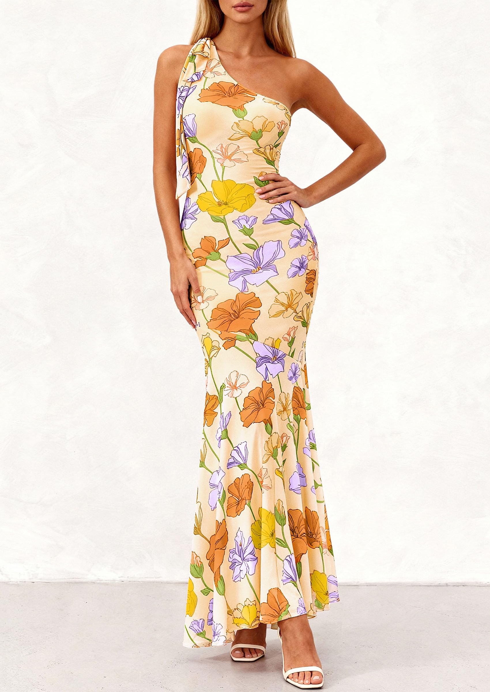 PRETTYGARDEN Womens Summer One Shoulder Maxi Dress Floral Sleeveless Bodycon Mesh Long Formal Wedding Guest Dresses PRETTYGARDEN