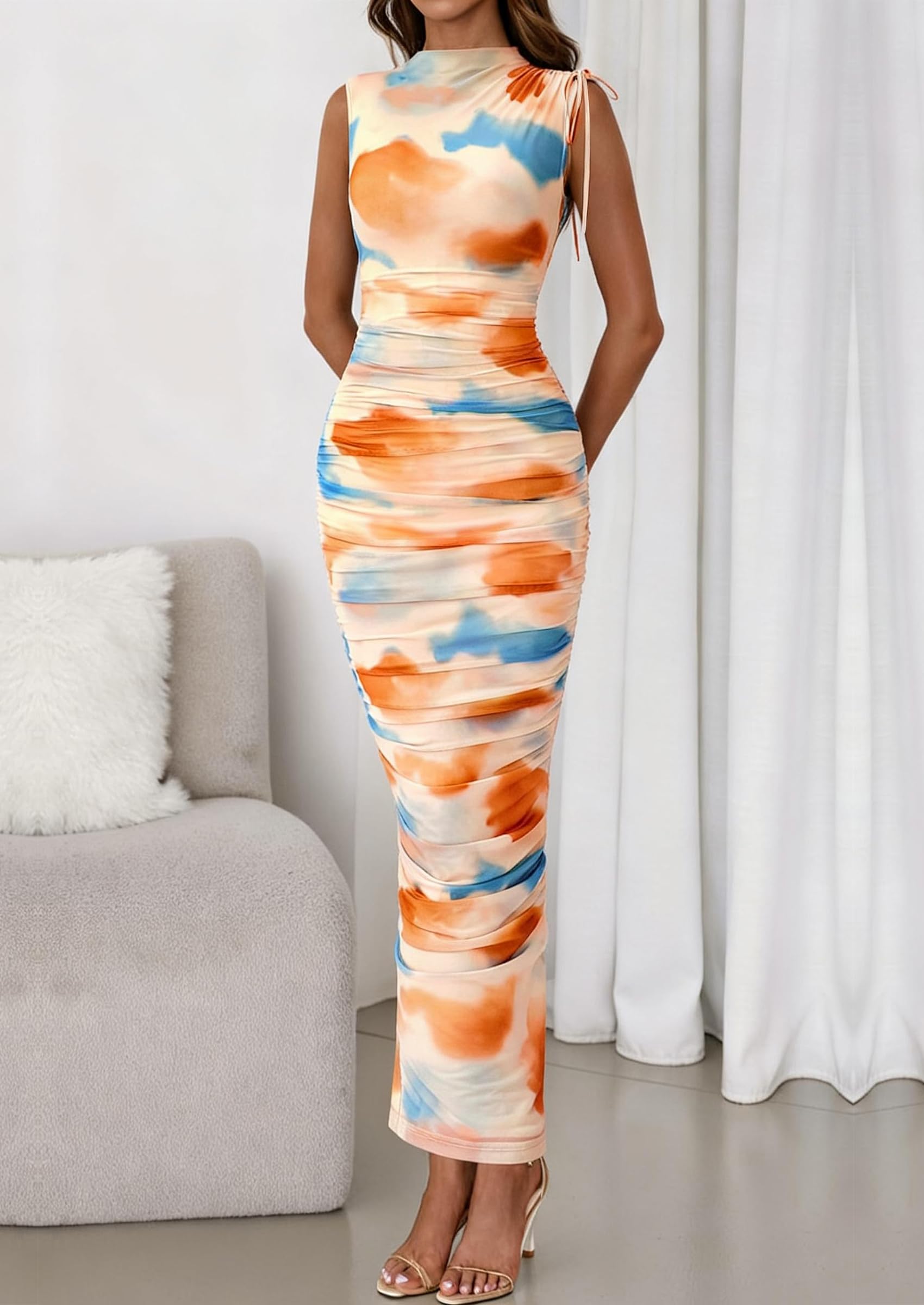 PRETTYGARDEN Women's Summer Maxi Floral Dresses Ruched Bodycon Sleeveless Mesh Formal Wedding Guest Cocktail Split Long Dress PRETTYGARDEN