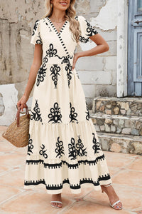 Womens Summer Casual V Neck Boho Maxi Dress Flowy Aline Bell Sleeve Tiered Floral Dresses with Pocket