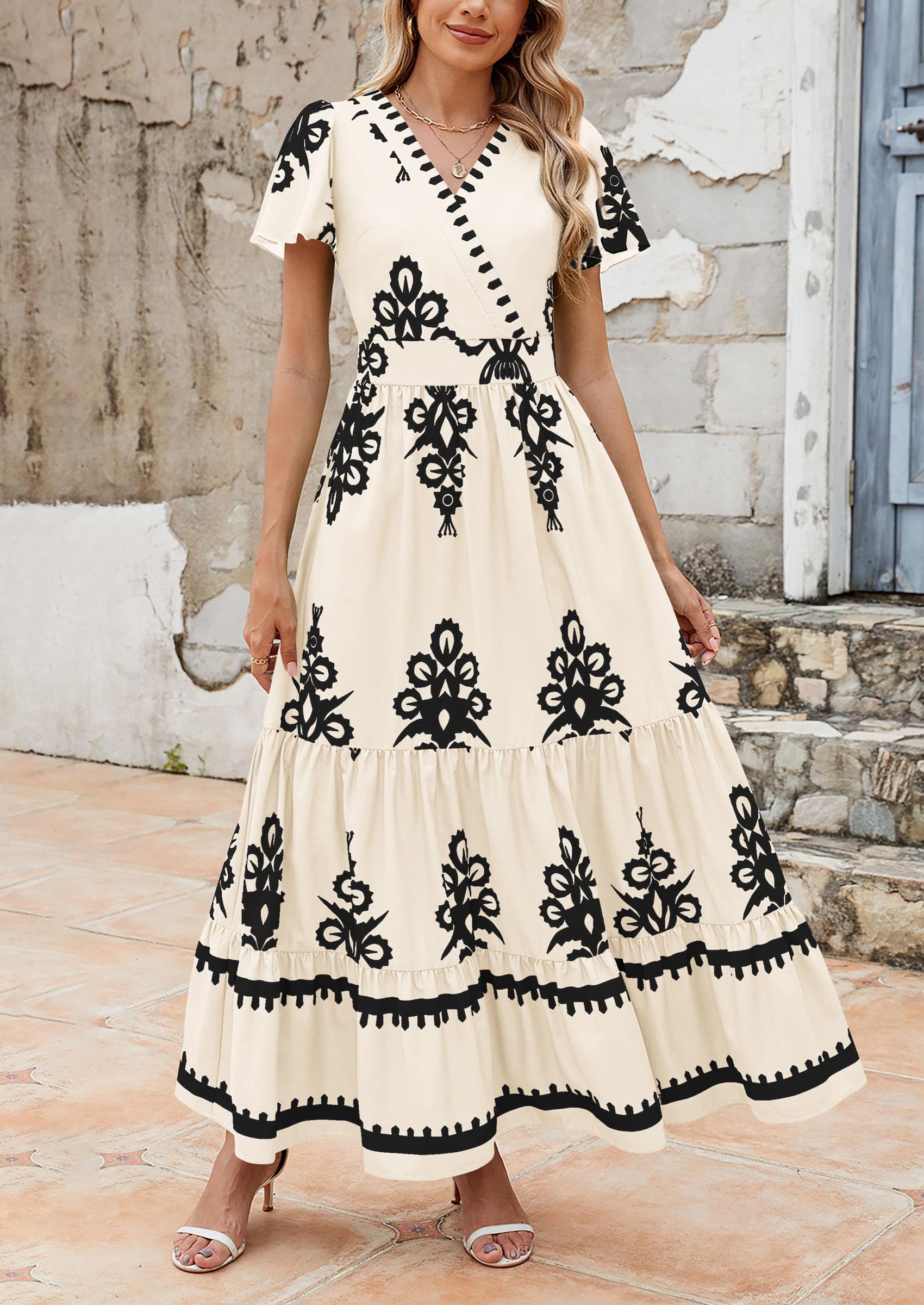 PRETTYGARDEN Womens Casual V Neck Boho Maxi Dress Flowy Aline Bell Sleeve Tiered Floral Dresses with Pocket