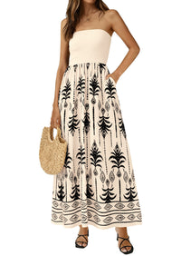 PRETTYGARDEN Summer Dresses for Women 2026 Floral Patchwork Strapless Tube Long Flowy Dress Beach Vacation Clothes