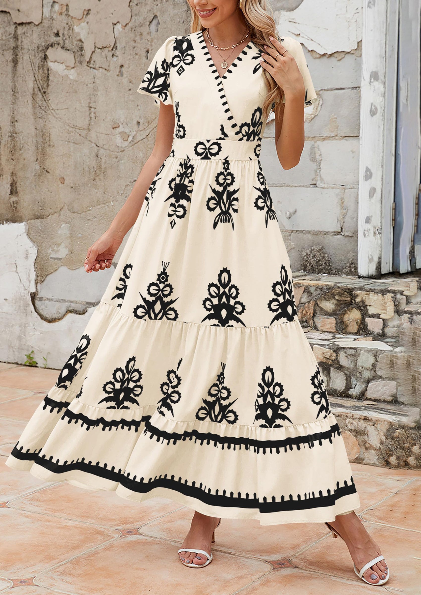 PRETTYGARDEN Womens Casual V Neck Boho Maxi Dress Flowy Aline Bell Sleeve Tiered Floral Dresses with Pocket