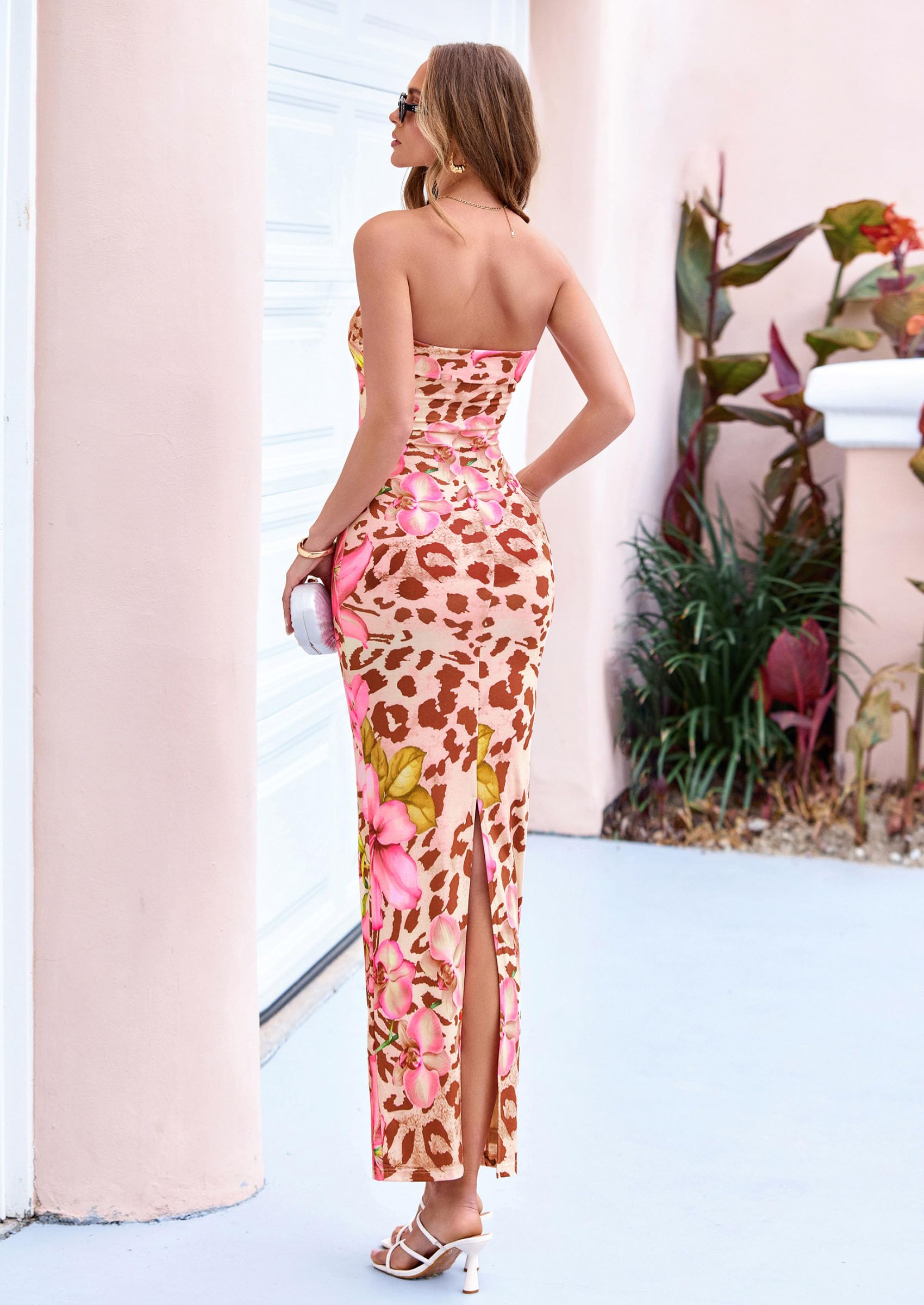 PRETTYGARDEN Bodycon Long Dresses for Women Strapless Tube Summer Floral Maxi Dress Sleeveless Back Slit Beach Outfits