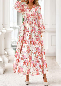 PRETTYGARDEN Long Sleeve Maxi Fall Dresses for Women Vneck Smocked Boho Floral Tiered Swing Flowy Wedding Guest Dress