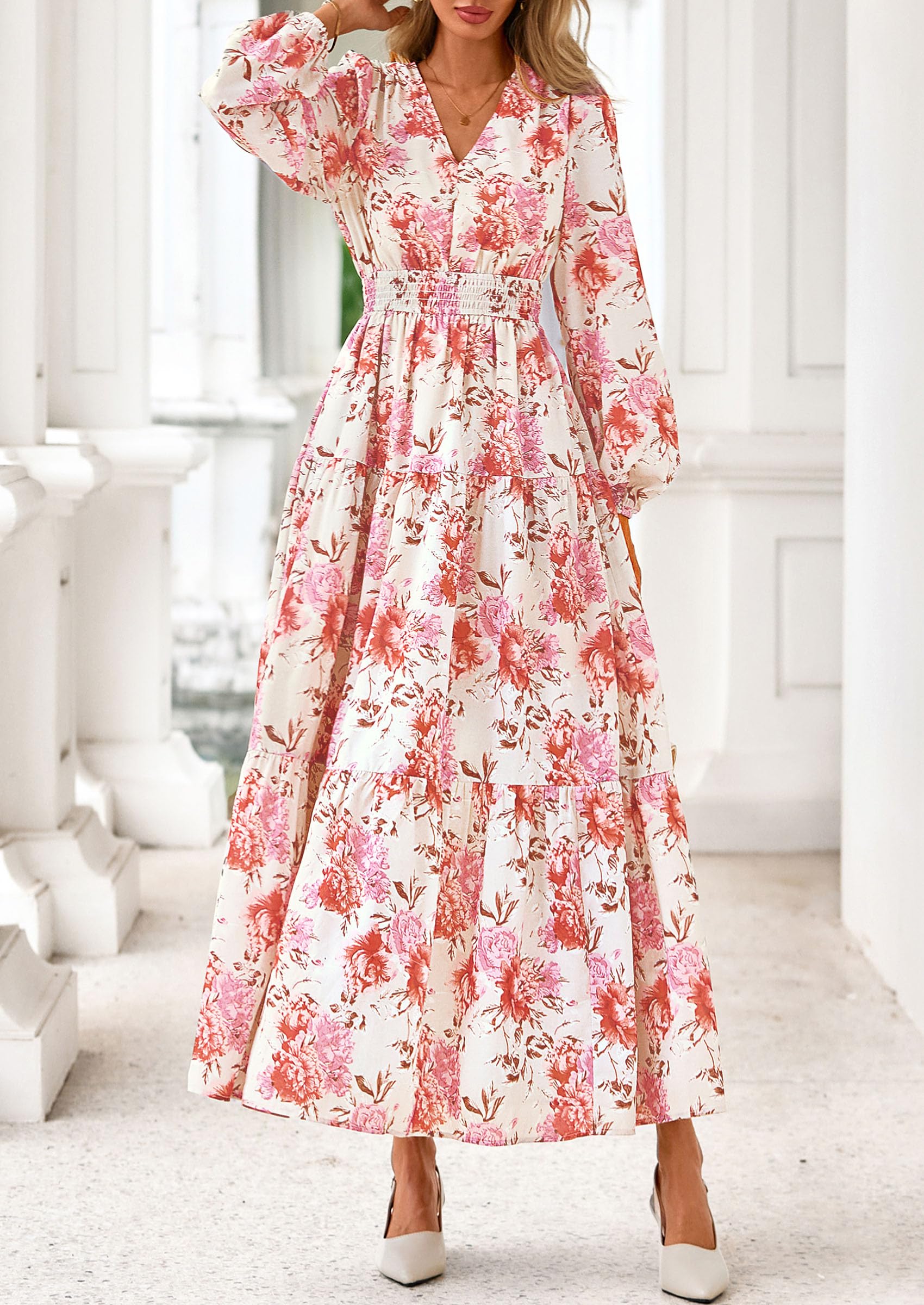 PRETTYGARDEN Long Sleeve Maxi Fall Dresses for Women Vneck Smocked Boho Floral Tiered Swing Flowy Wedding Guest Dress