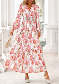 PRETTYGARDEN Long Sleeve Maxi Fall Dresses for Women Vneck Smocked Boho Floral Tiered Swing Flowy Wedding Guest Dress