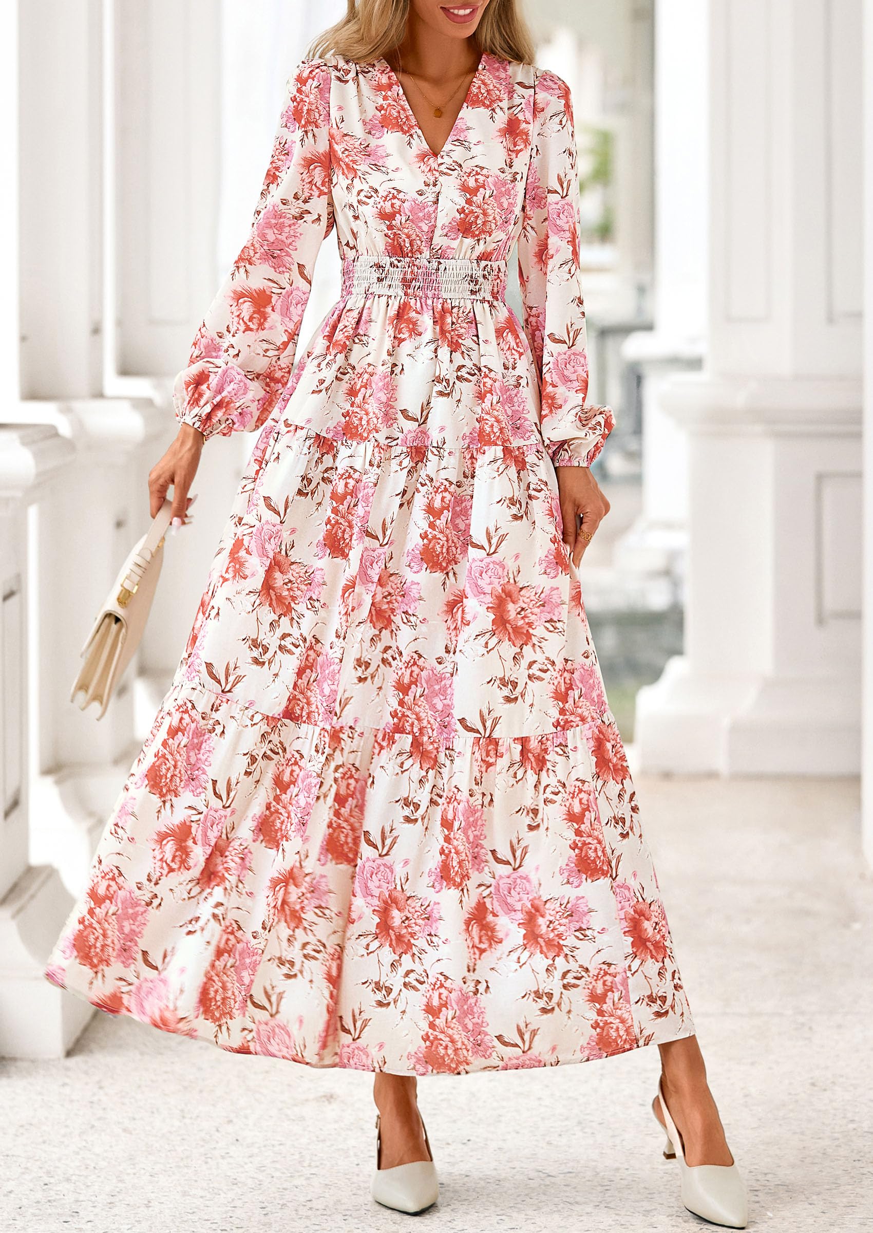 PRETTYGARDEN Long Sleeve Maxi Fall Dresses for Women Vneck Smocked Boho Floral Tiered Swing Flowy Wedding Guest Dress