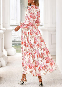 PRETTYGARDEN Long Sleeve Maxi Fall Dresses for Women Vneck Smocked Boho Floral Tiered Swing Flowy Wedding Guest Dress