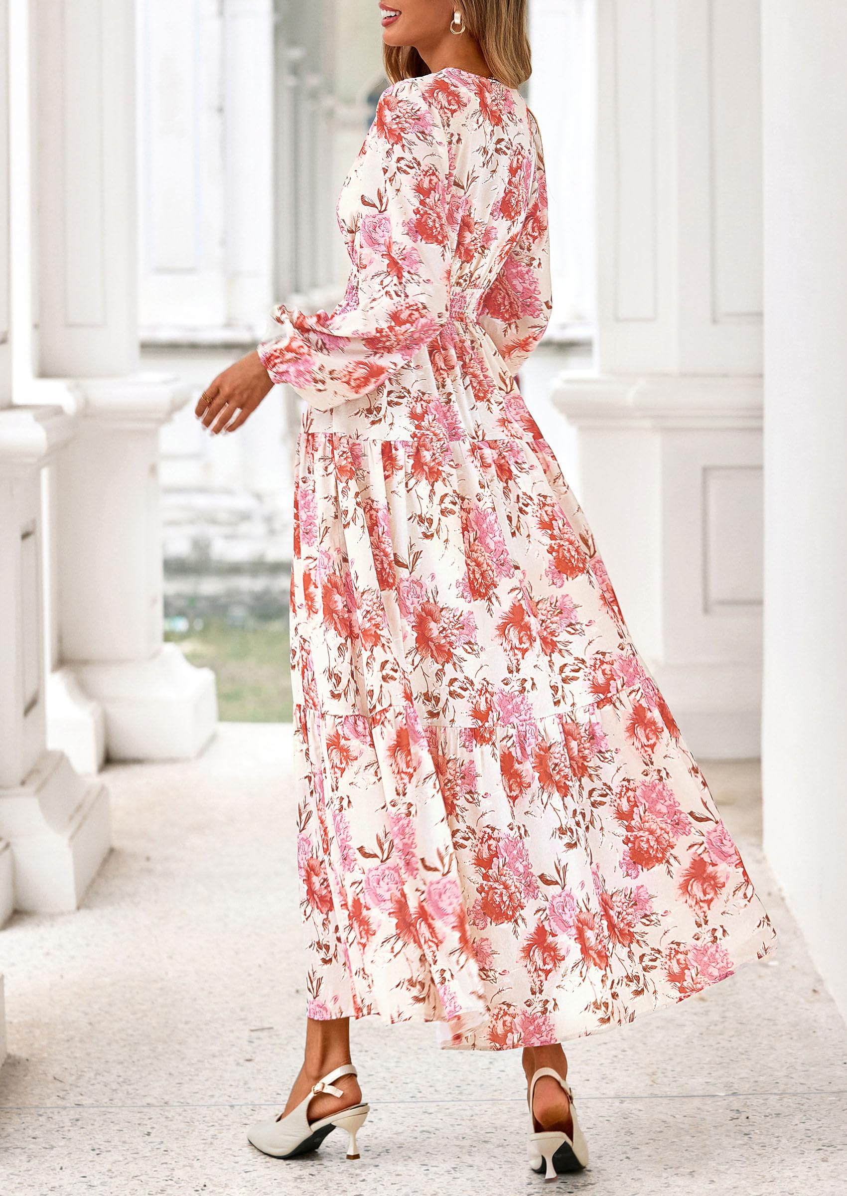 PRETTYGARDEN Long Sleeve Maxi Fall Dresses for Women Vneck Smocked Boho Floral Tiered Swing Flowy Wedding Guest Dress