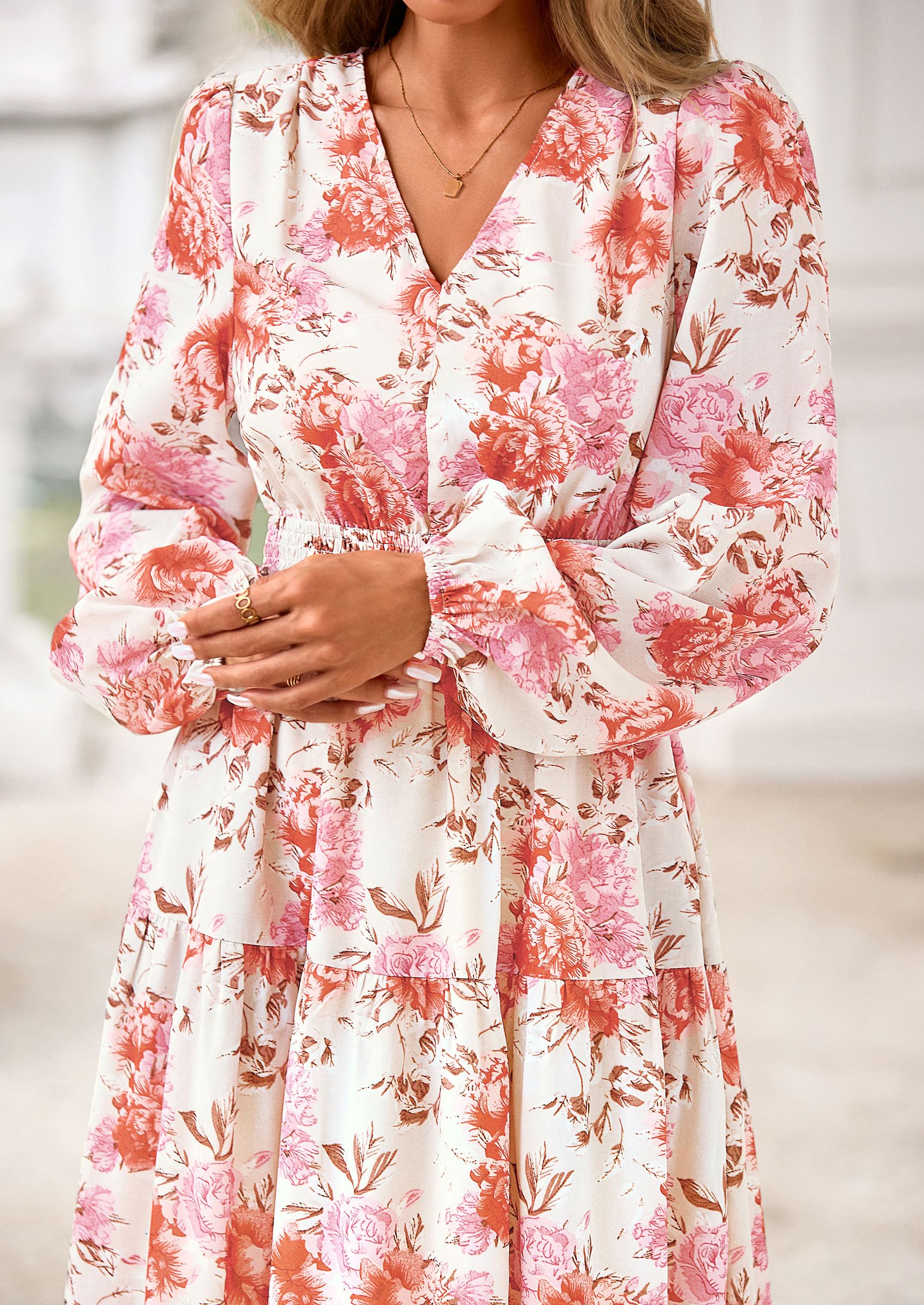 PRETTYGARDEN Long Sleeve Maxi Fall Dresses for Women Vneck Smocked Boho Floral Tiered Swing Flowy Wedding Guest Dress