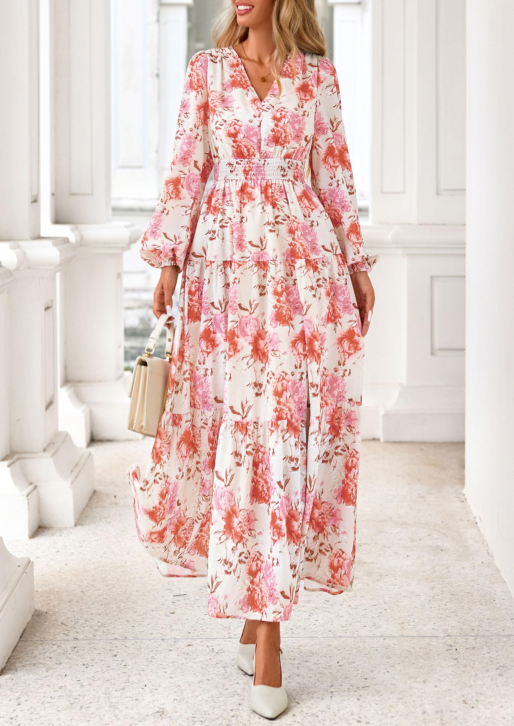 PRETTYGARDEN Long Sleeve Maxi Fall Dresses for Women Vneck Smocked Boho Floral Tiered Swing Flowy Wedding Guest Dress