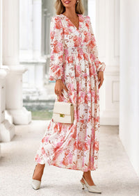 PRETTYGARDEN Long Sleeve Maxi Fall Dresses for Women Vneck Smocked Boho Floral Tiered Swing Flowy Wedding Guest Dress