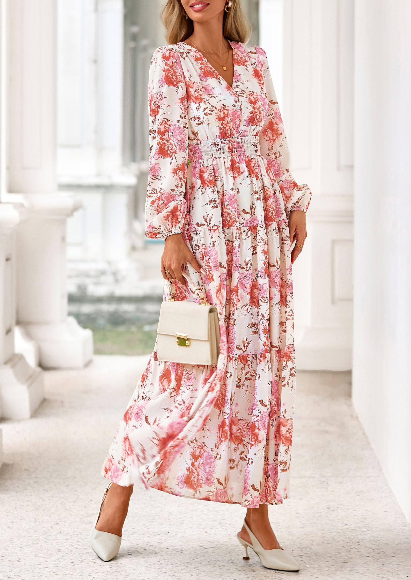 PRETTYGARDEN Long Sleeve Maxi Fall Dresses for Women Vneck Smocked Boho Floral Tiered Swing Flowy Wedding Guest Dress