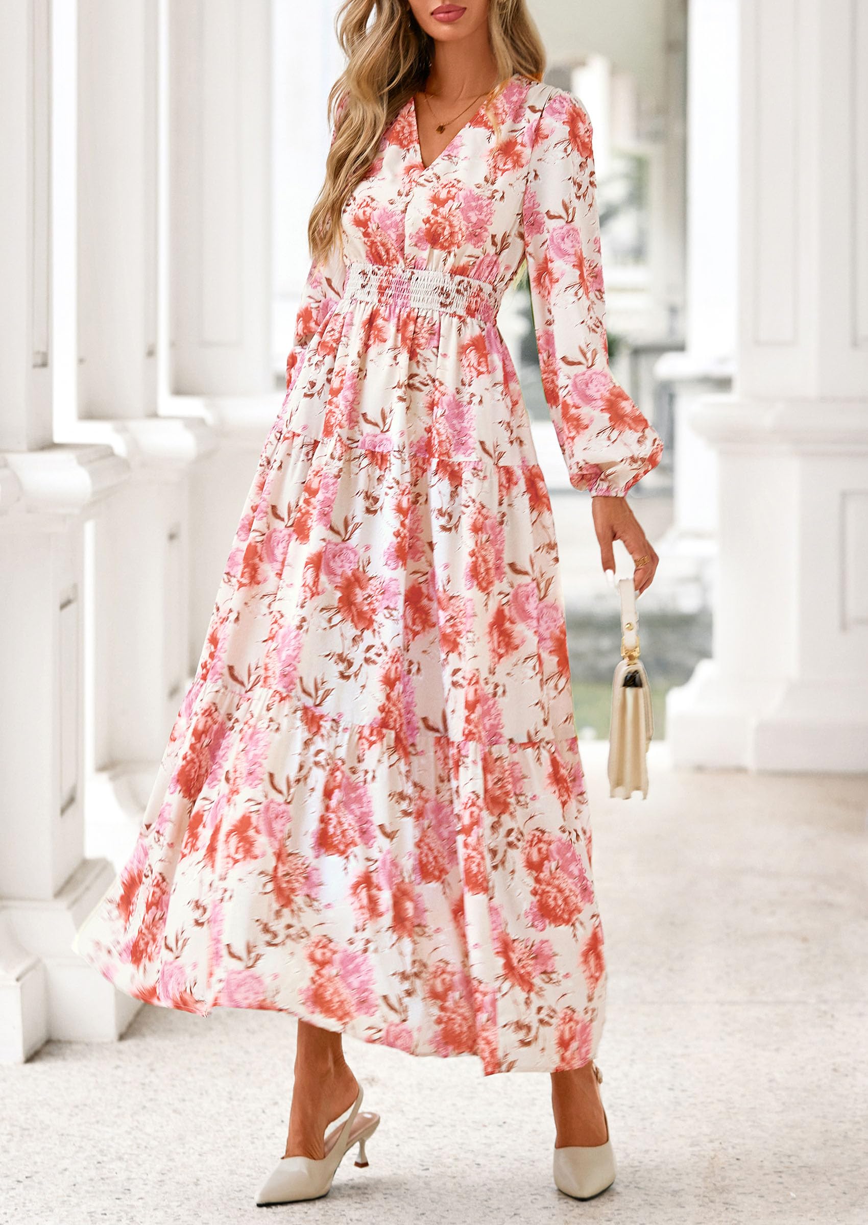 PRETTYGARDEN Long Sleeve Maxi Fall Dresses for Women Vneck Smocked Boho Floral Tiered Swing Flowy Wedding Guest Dress