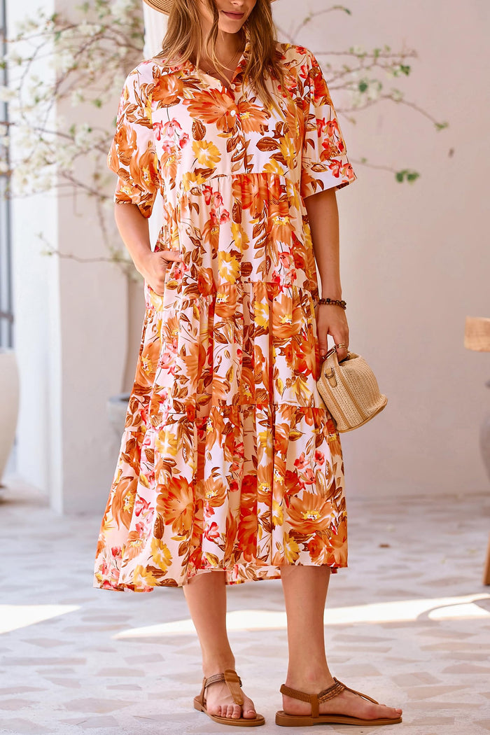 Button Up Ruffle A Line Flowy Maxi Dress