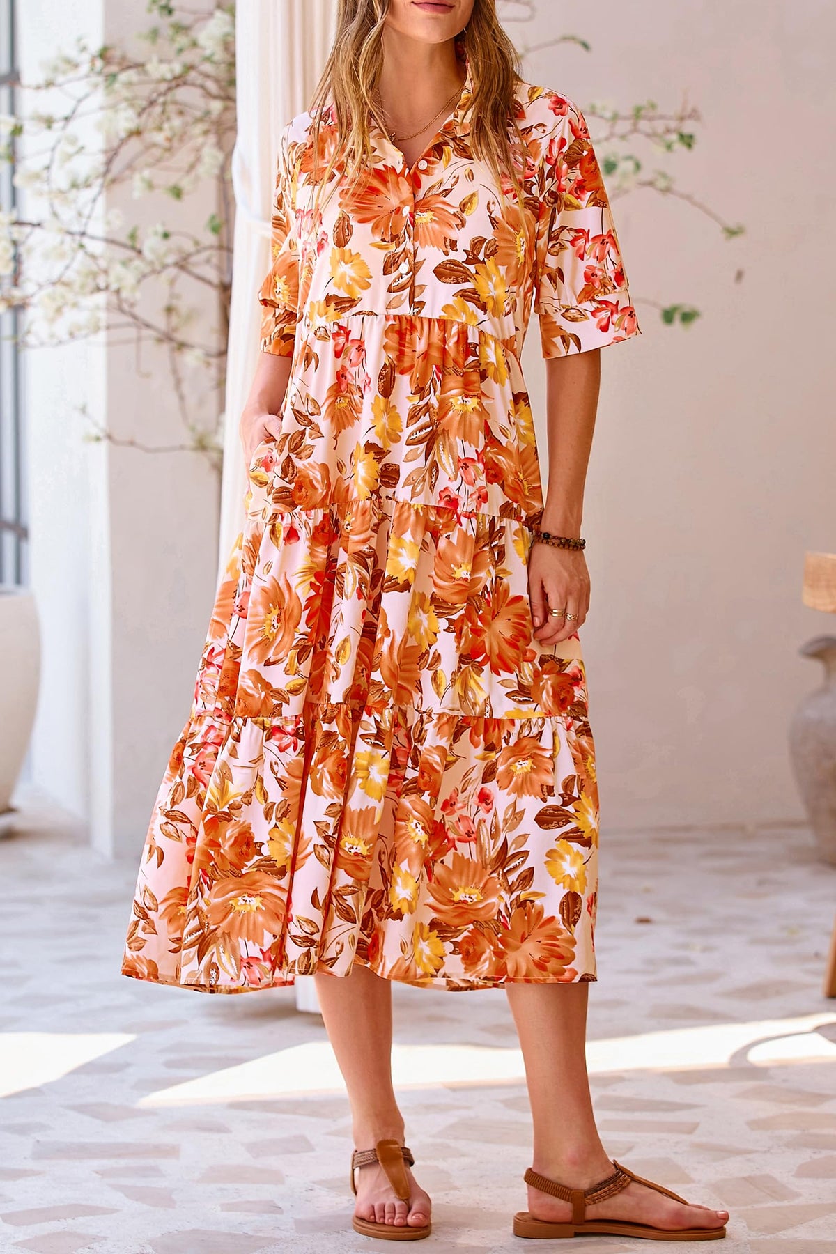 Button Up Ruffle A Line Flowy Maxi Dress