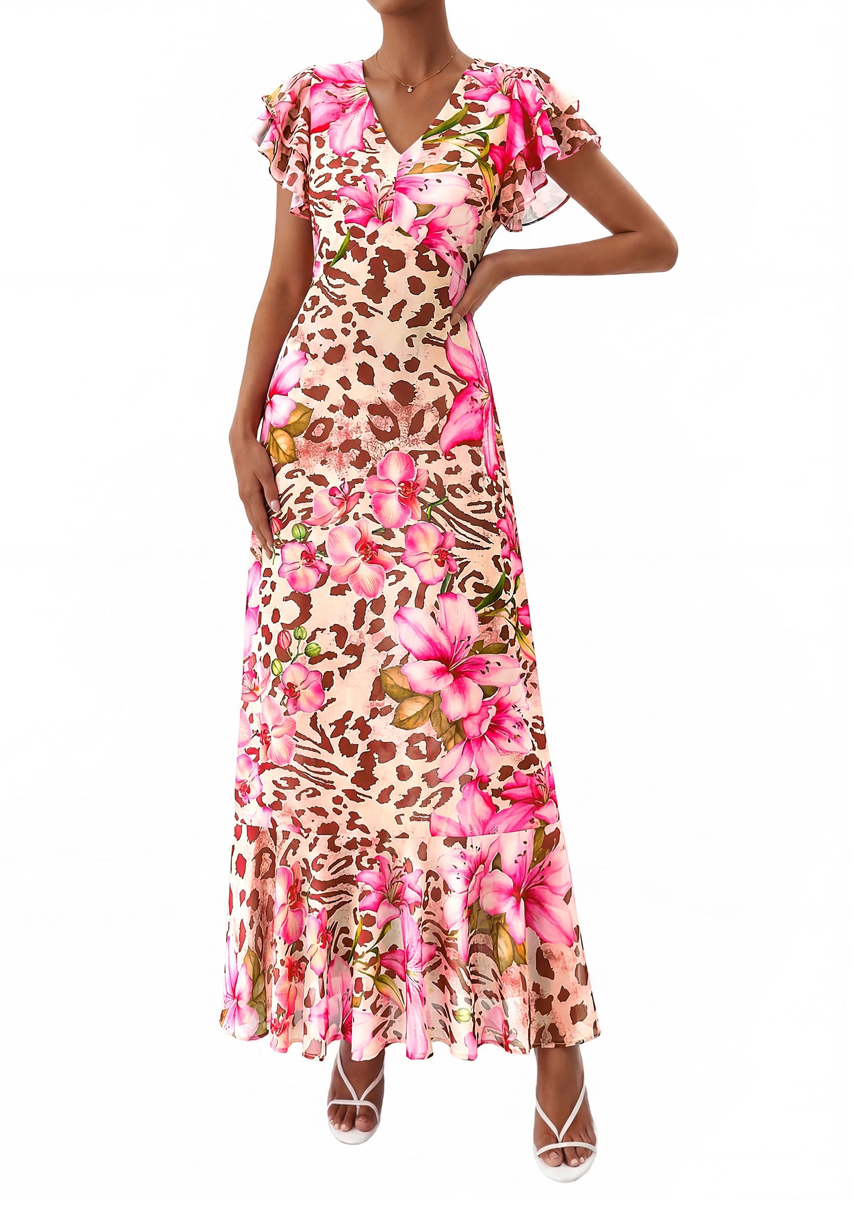 PRETTYGARDEN Wedding Guest Dresses for Women 2026 Spring Summer Short Sleeve Ruffle V Neck Floral Flowy Beach Maxi Long Dress PRETTYGARDEN